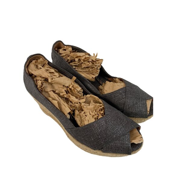 Tory Burch 11B Pewter Metallic Espadrille Wedge Heels Spain EUC 7968 Linen Peep - Picture 11 of 11